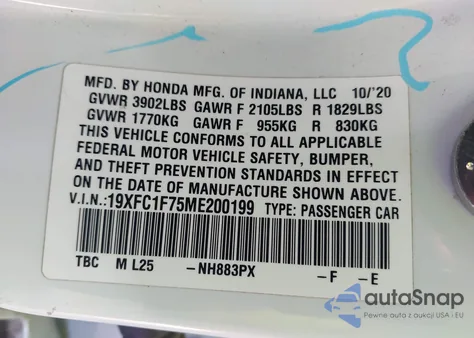 2021 Honda Civic Ex-L z USA, uszkodzony, nr VIN 19XFC1F75ME200199